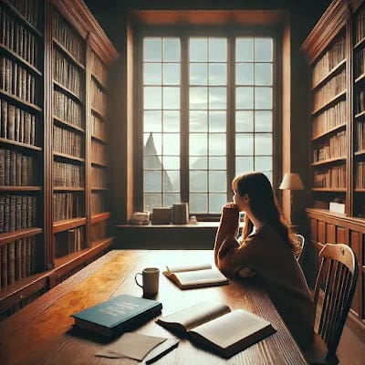 thoughtful_library_reflection woman writing